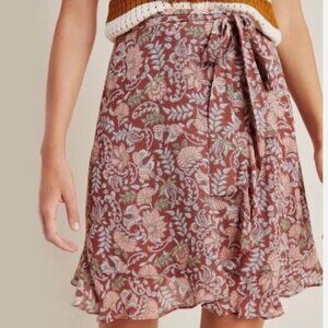 Anthropologie Luca Mini Faux Wrap Skirt w/ Tie Brown Floral Print Size M